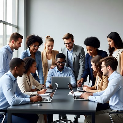 Diverse team collaborating around laptops