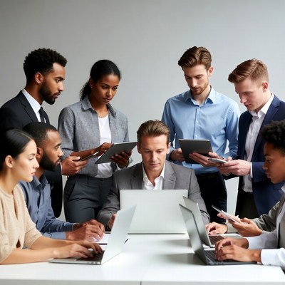 Diverse team collaborating on laptops