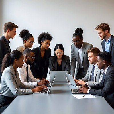 Diverse team collaborating on laptops
