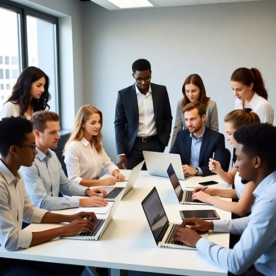 Diverse team working on laptops in meeting