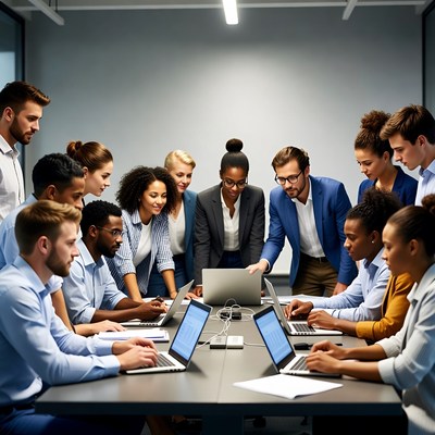 Diverse team collaborating on laptops in meeting