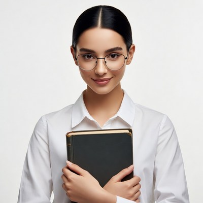 Asian woman holding book in glasses