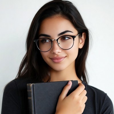 Woman holding book wearing glasses