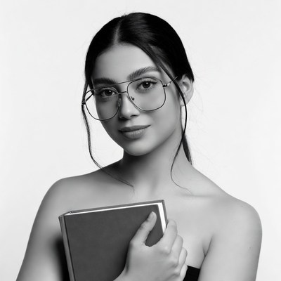 Woman holding book in glasses