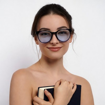 Smiling woman holding book topless