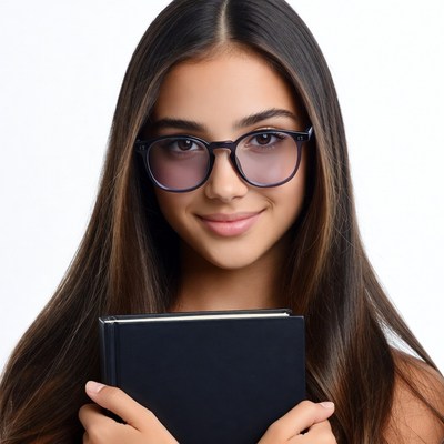 Young woman holding black notebook
