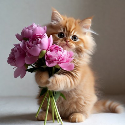 Orange kitten holding pink peonies
