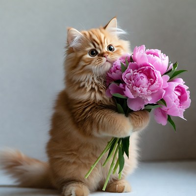 Persian kitten holding pink peonies