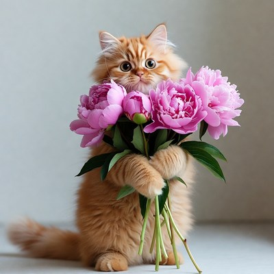Orange kitten holding pink peonies
