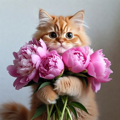 Orange cat holding pink peonies