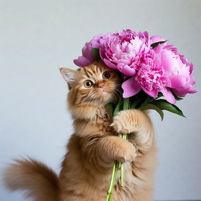 Orange cat holding pink peonies