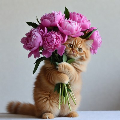 Orange Kitten Holding Pink Peonies
