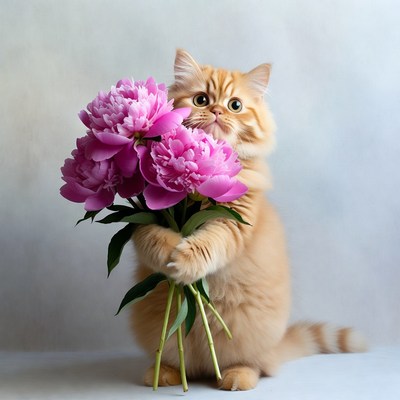 Orange cat holding pink peonies