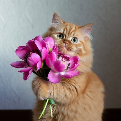 Orange cat holding pink tulips