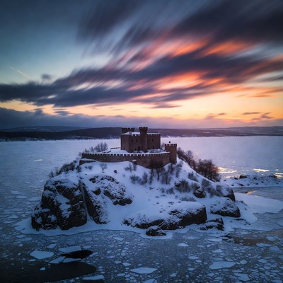 Castle on Snowy Island at Sunset