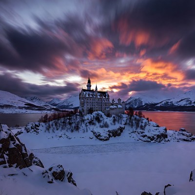 Neuschwanstein Castle in Snowy Sunset