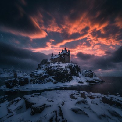 Snowy Castle on Rocky Island at Sunset