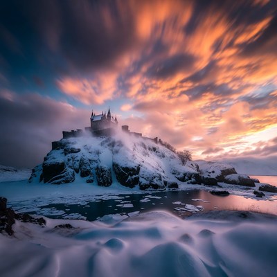 Snowy Castle on Rocky Island at Sunset
