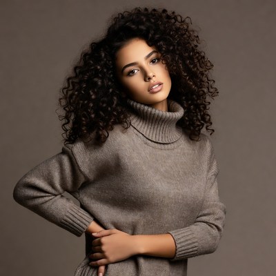 Woman with curly hair in turtleneck sweater