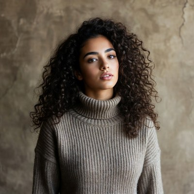 Woman with curly hair in turtleneck