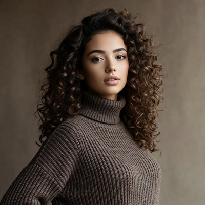 Woman with curly hair in turtleneck