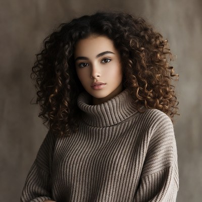 Young woman with curly hair in turtleneck