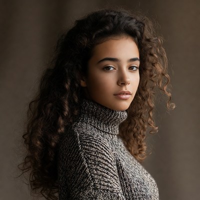 Young woman with curly hair in sweater