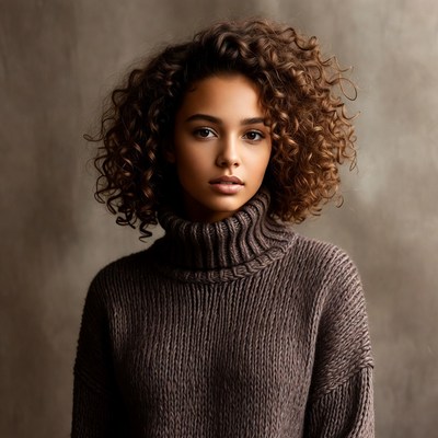 Woman with curly hair in turtleneck