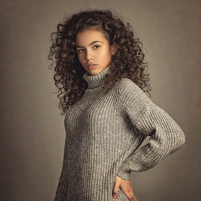 Curly-haired girl in gray turtleneck