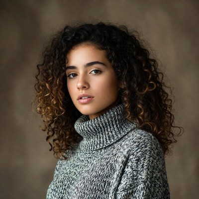 Woman with curly hair in turtleneck