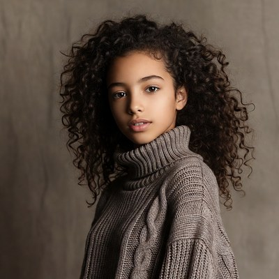 Young girl with curly hair in turtleneck