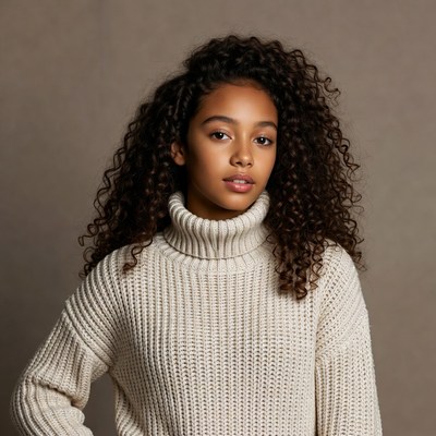 Teen girl with curly hair in turtleneck