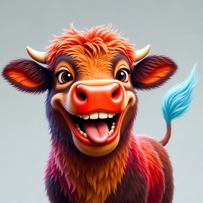 Cartoon Cow Smiling with Blue Tail