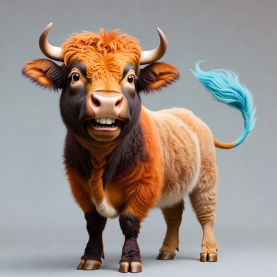 Cute cartoon bull with blue tail