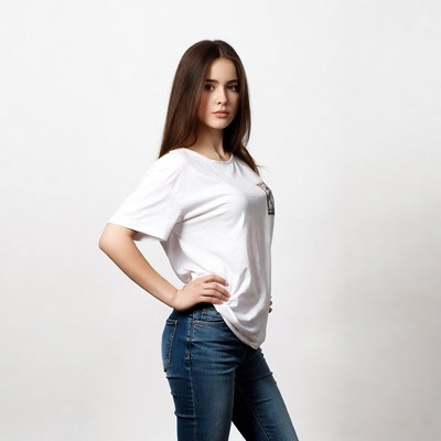 Young woman posing in white t-shirt jeans