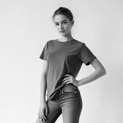 Young woman posing in t-shirt jeans