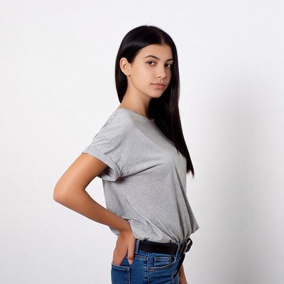 Side profile of young woman in gray t-shirt