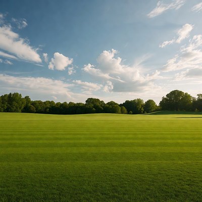 Green golf course under blue sky