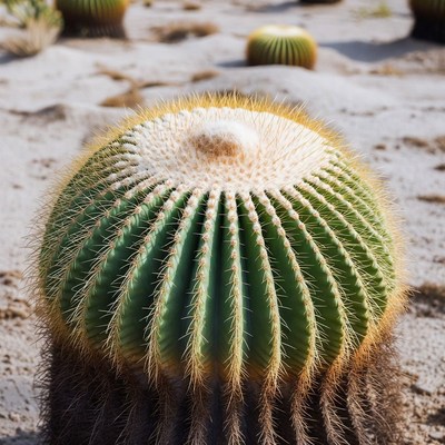 Large golden barrel cactus in desert