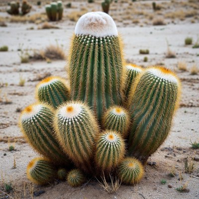 Cluster of golden spines cacti in desert