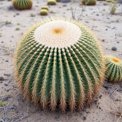 Large Golden Barrel Cactus in Desert