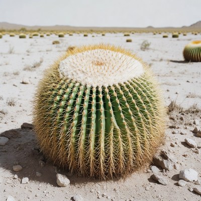 Large golden barrel cactus in desert