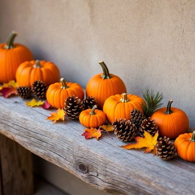 Orange pumpkins and pinecones on wooden bench