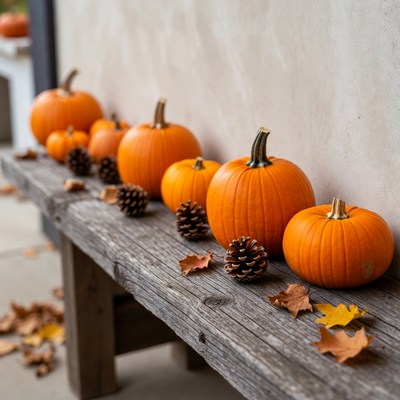 Pumpkins and Pinecones on Wooden Bench
