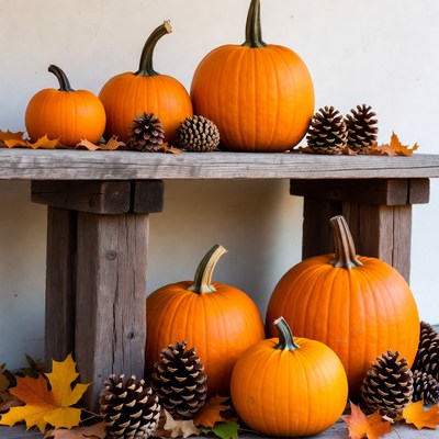 Pumpkins and Pinecones on Wooden Bench
