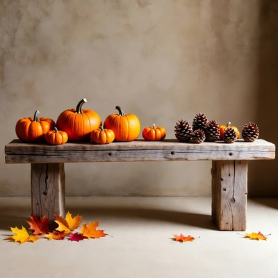 Pumpkins and Pinecones on Wooden Bench