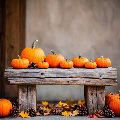 Pumpkins on Wooden Bench