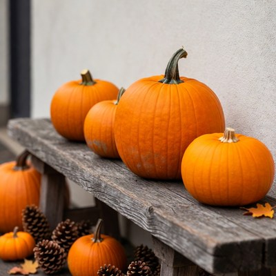Pumpkins on Wooden Bench