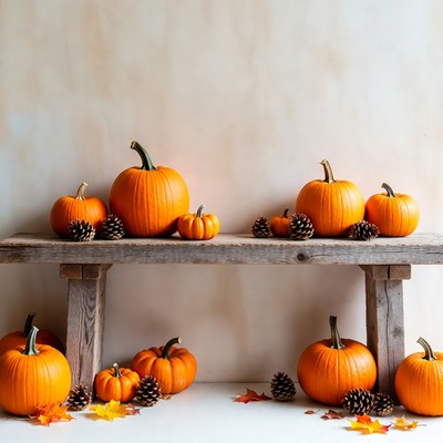 Pumpkins and Pinecones on Wooden Bench