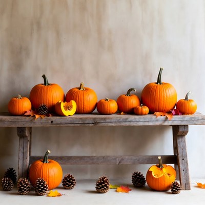 Pumpkins on Wooden Bench